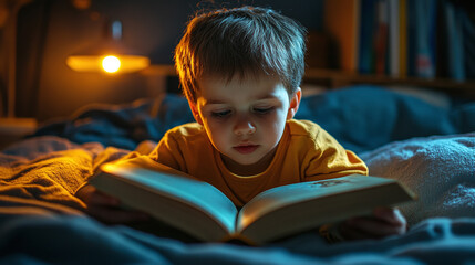 Preschool boy reading a book before sleeping, lying in bed and holding a book under the light of the lamp late in the evening or in the night. young female kid in a dark room, bedtime fairy tale story