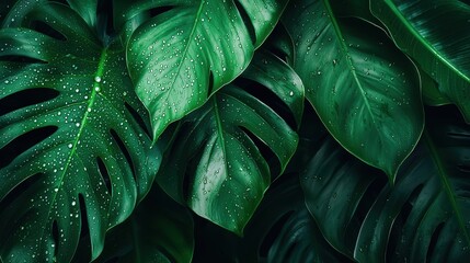 Lush green leaves with water droplets in a tropical setting