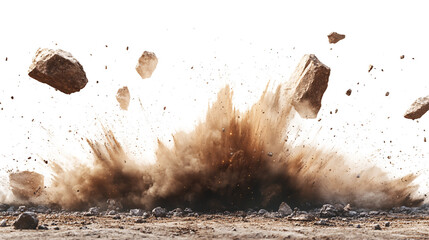A powerful burst of brown earth and rocks explodes from the ground against a white and transparent background.