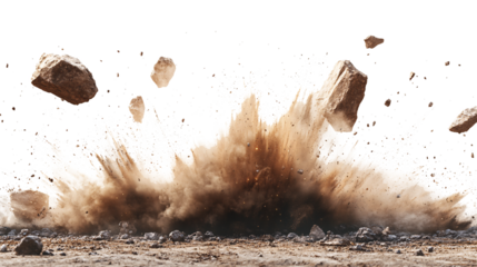 A powerful burst of brown earth and rocks explodes from the ground against a white and transparent background.