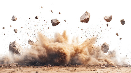 A powerful burst of brown earth and rocks explodes from the ground against a white and transparent...