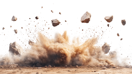 A powerful burst of brown earth and rocks explodes from the ground against a white and transparent background.