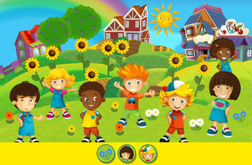 cartoon scene with farm board game page with farm village ranch with kids having fun on a school trip as farmers finding elemens illustration for children