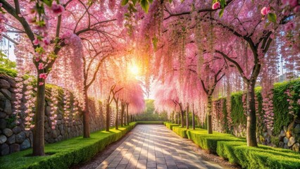 A stone path lined with weeping cherry trees creates a picturesque passageway through a blooming garden, bathed in the golden glow of the setting sun.