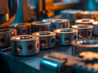 Worker Inspecting Metal Parts in Industrial Setting