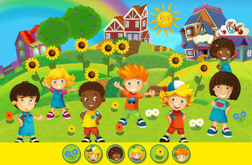 cartoon scene with farm board game page with farm village ranch with kids having fun on a school trip as farmers finding elemens illustration for children