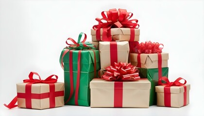Obraz premium Stack of Christmas presents wrapped with red and green ribbons, isolated on a white background.