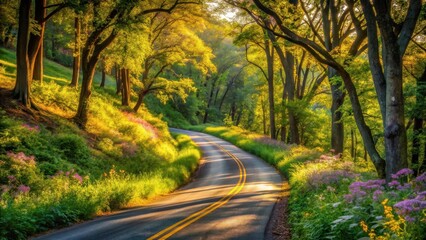 A winding road through a lush forest bathed in golden sunlight, with vibrant wildflowers blooming along the roadside.