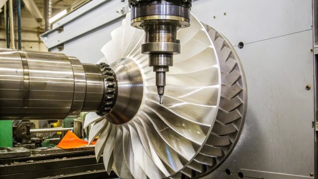 A large multiaxis CNC machine in action rotating dynamically as it shapes a complex aerospace component surrounded by tools and machining oils.