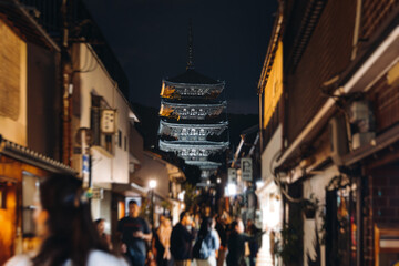 View of Gion district street, Kyoto, Higashiyama-ku, Japan, night illumination of Ninnenzaka and...