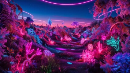 Bioluminescent landscape with unusual plants