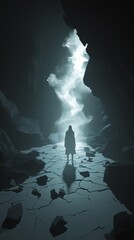 Silhouette of Person Walking Towards Ethereal Light in Cracked Cave