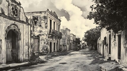 Deserted Street in a Decaying Colonial Town, Sepia-toned Photograph