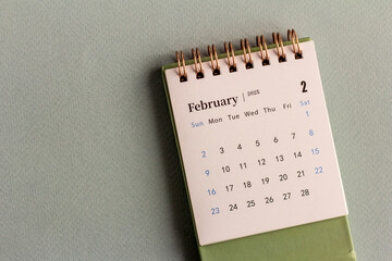 Desk calendar for February 2025 on a gray background.