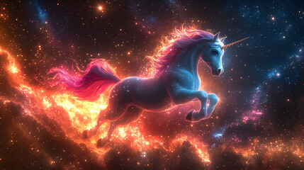 A vibrant and magical cartoon-style illustration of a unicorn flying through a galaxy, with sparkling stars and nebulae, and a trail of glittering dust following its every move.