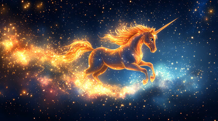 A vibrant and magical cartoon-style illustration of a unicorn flying through a galaxy, with sparkling stars and nebulae, and a trail of glittering dust following its every move.