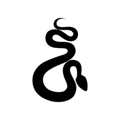 Isolated black silhouette of snake on white background. Black flat cartoon snake.