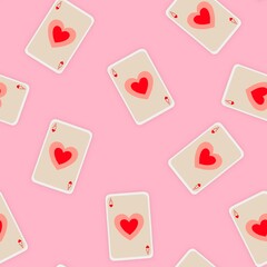 Valentines day seamless repeating pattern tile with ace of hearts cards on a pink background