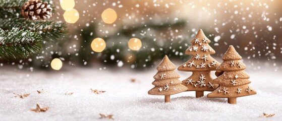 festive wooden trees in a snowy scene with bokeh lights