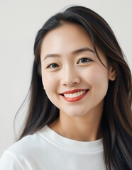Fototapeta premium A close-up portrait of a smiling young Asian woman. She's wearing a simple white shirt and has long black hair. Her expression is joyful and confident.