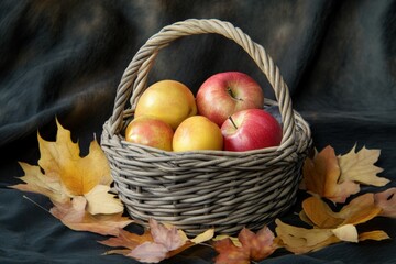 fresh apples in a woven basket surrounded by autumn leaves