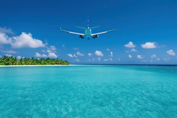 Naklejka premium Airplane flying over a turquoise ocean with a tropical island and lush green mountains under a bright blue sky and scattered clouds