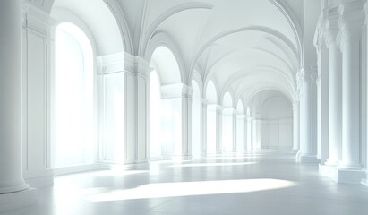 Sunlit white classical hallway with arched windows and columns.