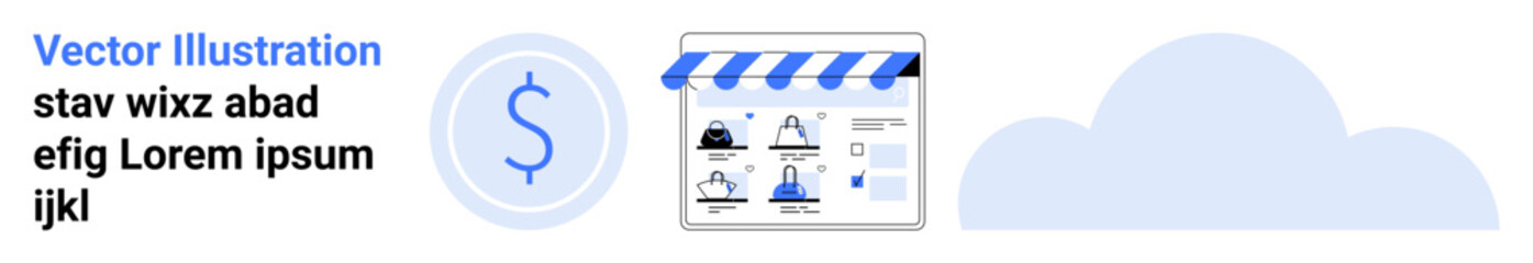 Online storefront under striped awning with various product icons, surrounded by a dollar sign, and cloud on the right. Ideal for e-commerce, online business, digital marketing, web development
