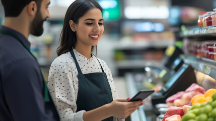 Grocery Store Employees Discussing Inventory Management Using Smartphone Technology in a Modern Retail Setting