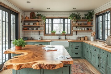 Rustic farmhouse kitchen with live edge island, green cabinets, and open shelving. (1)