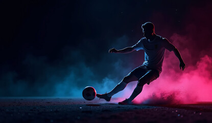 On a pitch, a soccer player kicks a ball while smoke fills the air.