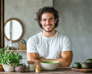 Fototapeta premium A smiling man with curly hair stands in a kitchen, surrounded by avocados and fresh ingredients, promoting a healthy lifestyle.