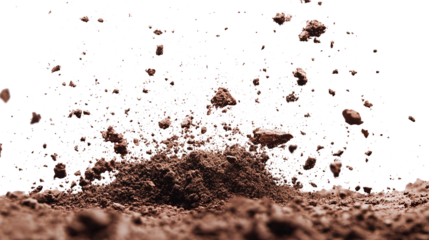 Flying dirt, soil pile scattered isolated on transparent and white background, clipping path.