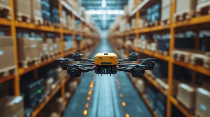 A warehouse drone delivering packages in an automated distribution center at midday