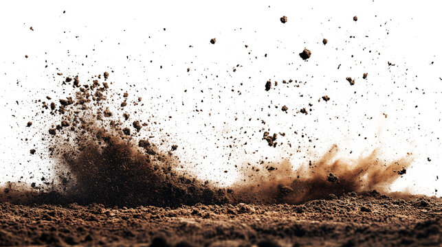 Flying dirt, soil pile scattered isolated on transparent and white background, clipping path.