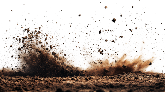 Flying dirt, soil pile scattered isolated on transparent and white background, clipping path.