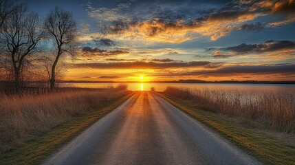 Fototapeta premium The empty road leading to the lake by sunset