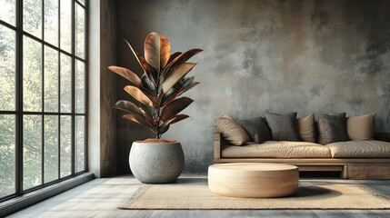 A Scandinavian-inspired living room scene with a rubber plant in a minimalist concrete planter, a light wood coffee table, and neutral-toned furniture, all set against a plain white backdrop 