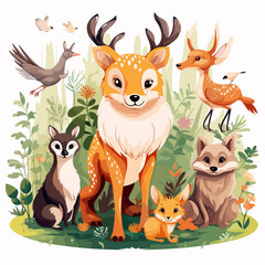 Illustration of wild animals living in forest habitat