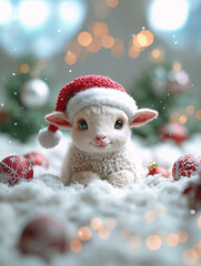 Obraz premium Cute baby lamb in festive Christmas setting with red ornaments and bokeh lights. Little sheep puppet toy in snow. Lamb of god. Symbol of Jesus Christ.