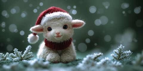 Obraz premium Cute baby lamb in Santa hat with snowy green background with copy space for text. Little sheep puppet toy. Christmas and New Year's day banner, poster.