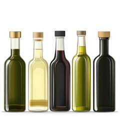 A selection of olive oil bottles of various shapes and sizes arranged in a neat row