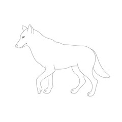 Isolated black outline cartoon standing wolf on white background. Side view line wolf. Curve lines. Page of coloring book