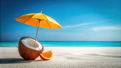 Tropical Summer Escape A Half Coconut Shell with a Yellow Beach Umbrella and an Orange Slice on White Sand