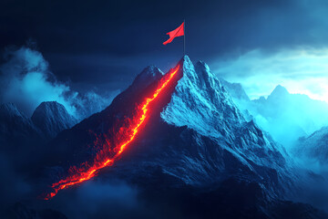 A Glowing Mountain top light path Road going to achievement flag, Business goals achieve concept with dark background