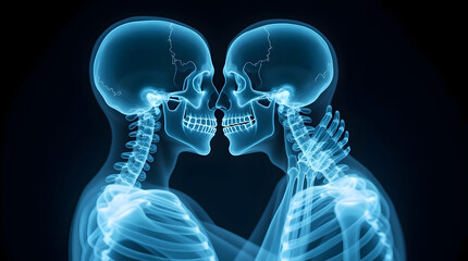 X-ray Visualization of Two Skeletons Embracing in a Close Intimate Kiss Illuminated by a Dark Background
