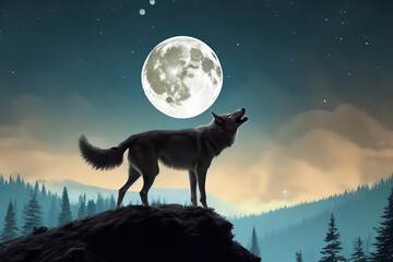 Wolf stands on rock in front of full moon. Moon and wolf in the mountains at night. Fairy tale with a wolf moon and howls. A fairy tale with a wolf and a moon lifestyle in the night.