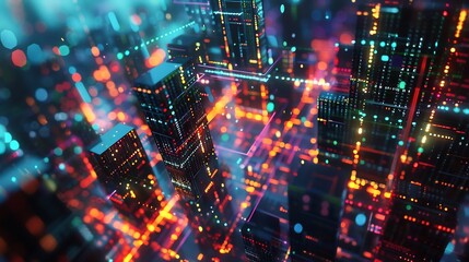 Obraz premium Neon Digital Cityscape: A Futuristic Metropolis of Light and Data
