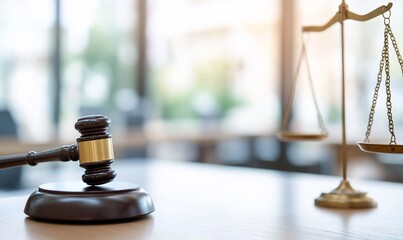 Gavel and scales of justice on a table.