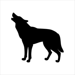 Isolated black silhouette of howling wolf on white background. Black flat cartoon wolf. Side view.